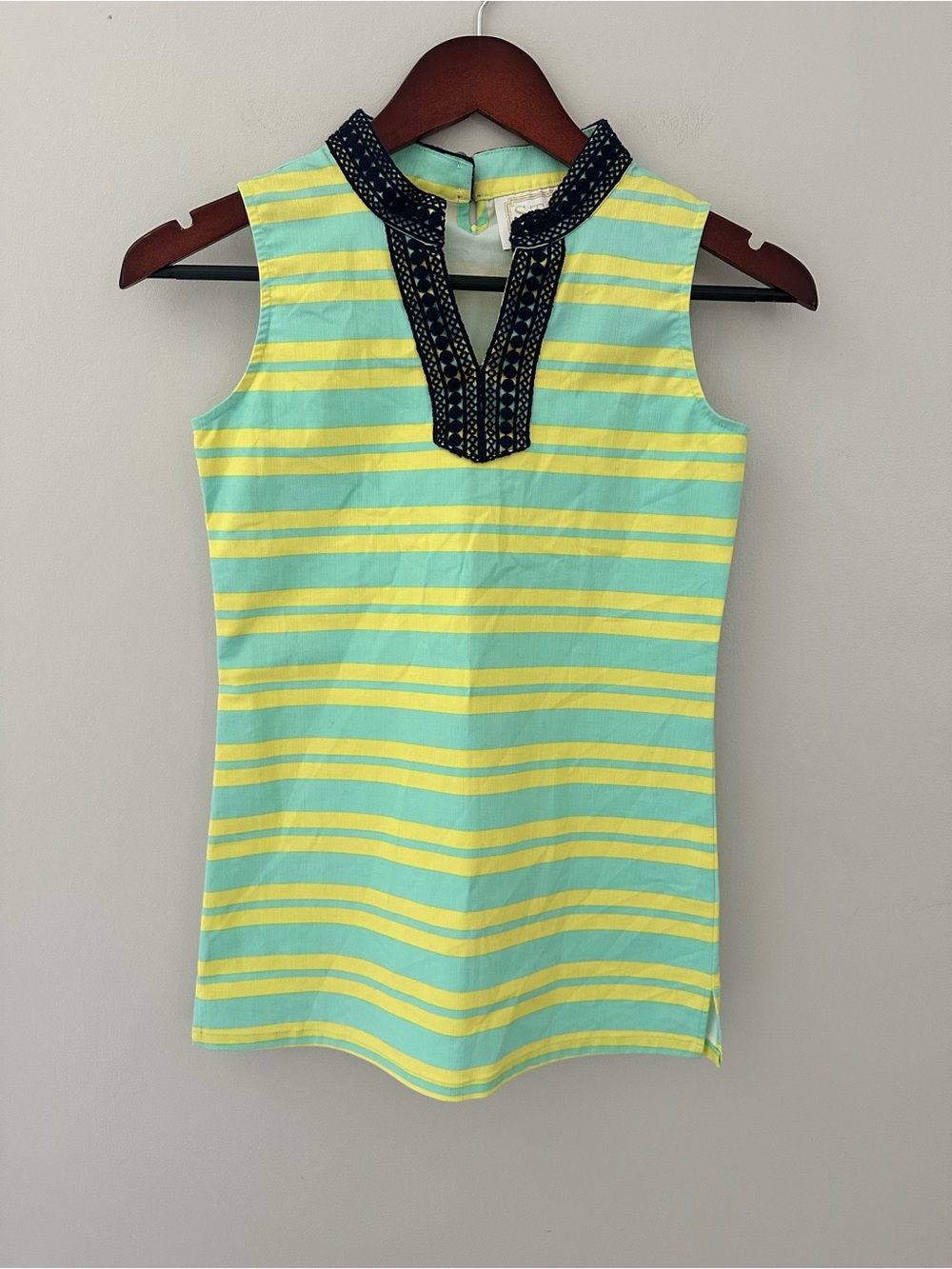 Sleeveless Striped Cotton Shell Top with Embroidered Neckline - Yellow & Aqua